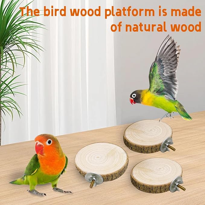 Hamiledyi 3PCS Perch Platform for Bird Cage Natural Round Wooden Stand Platform Bird Toy for Parakeet Cockatiel Parrot Budgie Sparrow Hamster Canary Bears