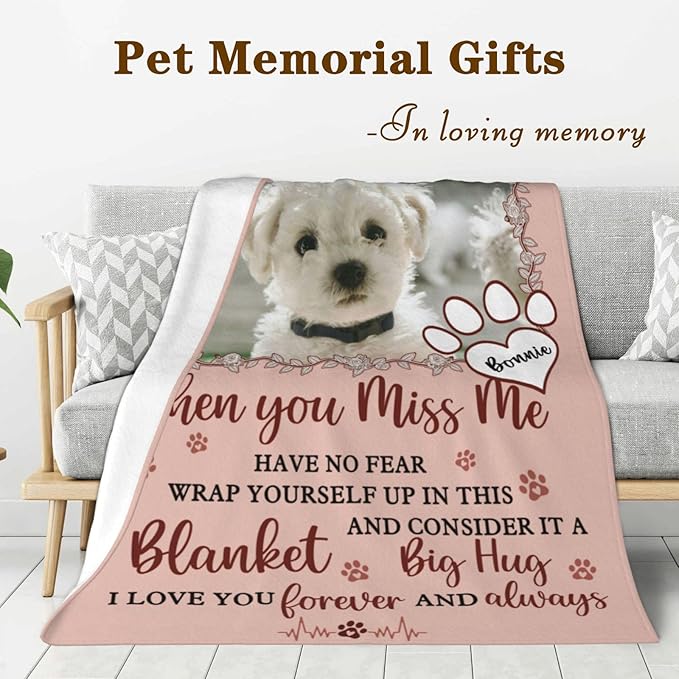 Custom Pet Memorial Blanket with Photo,Personalized Dog/Cat Loss Sympathy Gift,Pet Loss Bereavement Remembrance Gifts,Flannel Throw Blanket with Pictures (Peach Pink)
