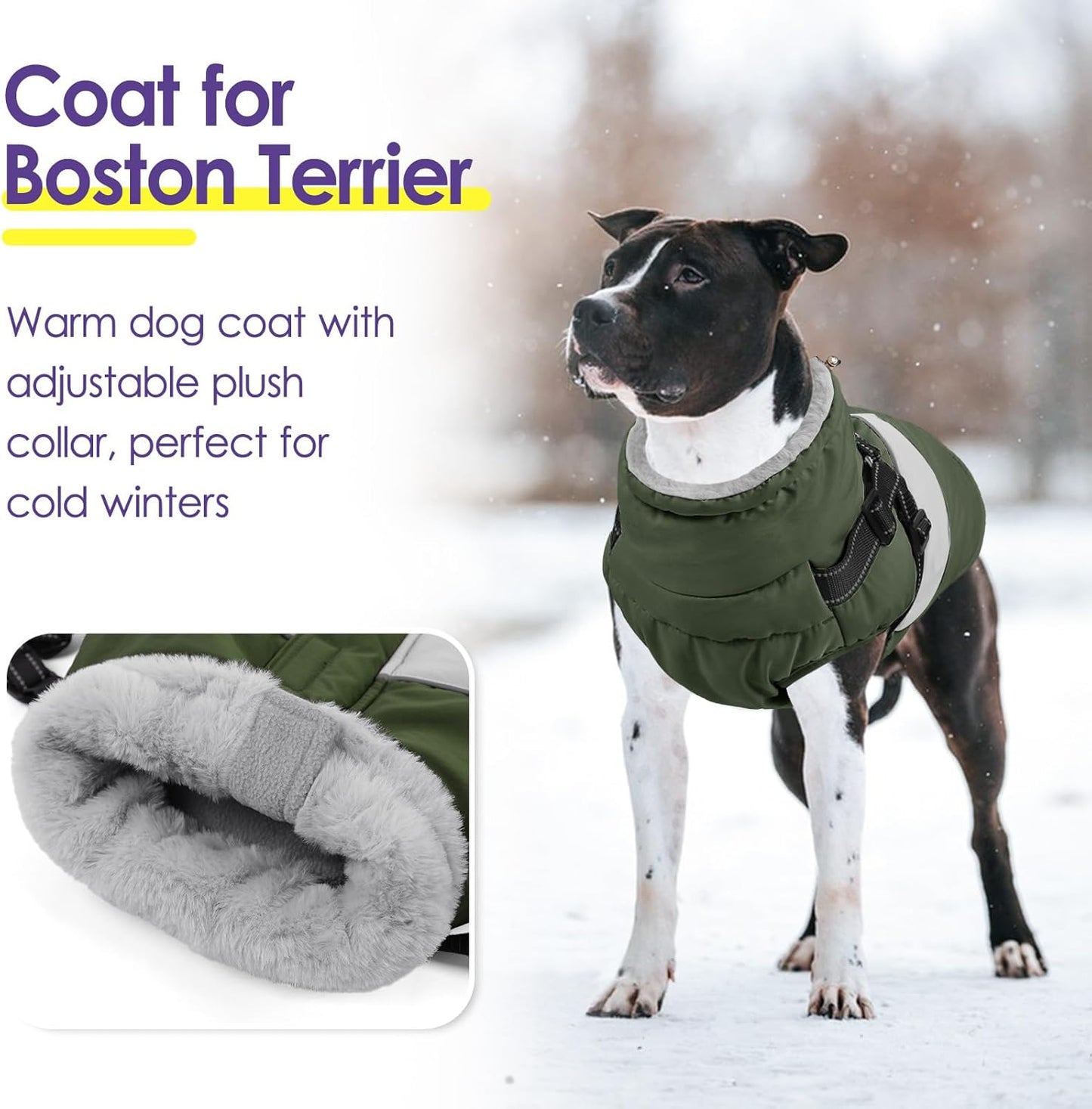 SUNFURA Dog Coat, XXXL Dog Jacket Winter with Harness Built in, Waterproof Pet Snow Jacket with Furry Collar for Chilly Day, Reflective Fleece Snowsuit for Extra Large Dogs, Army Green 3XL