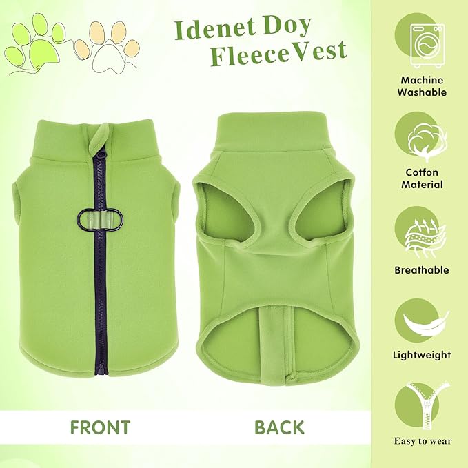 Idepet Dog Fleece Vest Sweater Zip Up Warm Pullover Dogs Jacket with D-Ring Leash Winter Cold Weater Coat Pet Sweatershirt Clothes Hoodie for Small Medium Dogs Boy Girl(Green,L)