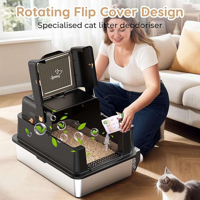 L8 Max-XXXL Stainless Steel Litter Box with Lid, Extra Large Enclosed Metal Cat Box for Large & Multi-Cats, Odor Control-Cat Litter Deodorizer, High Sided Enclosure with Scoop&Mat, Anti-Leakage-Black