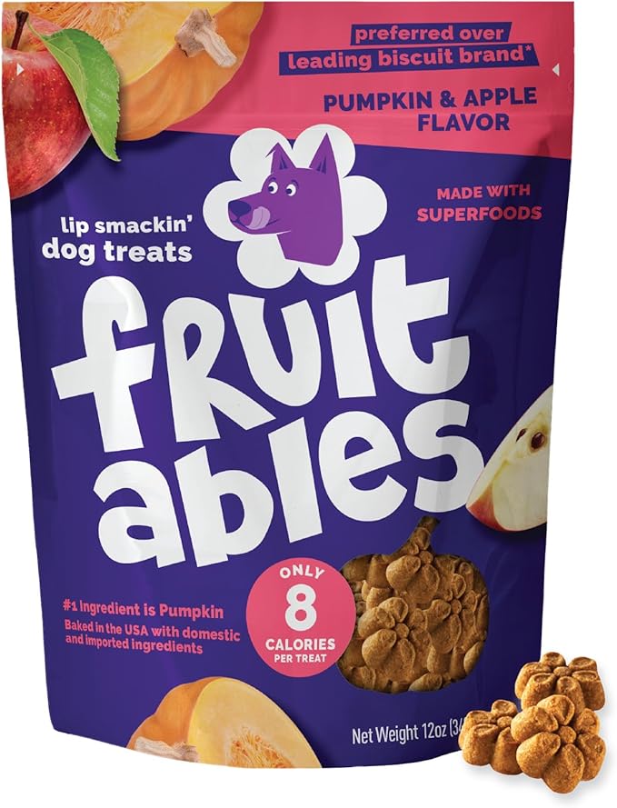 Fruitables Baked Dog Treats, Healthy Pumpkin Treat for Dogs, Low Calorie & Delicious, No Wheat, Corn or Soy, Made in the USA, Pumpkin and Apple Flavor, 12oz
