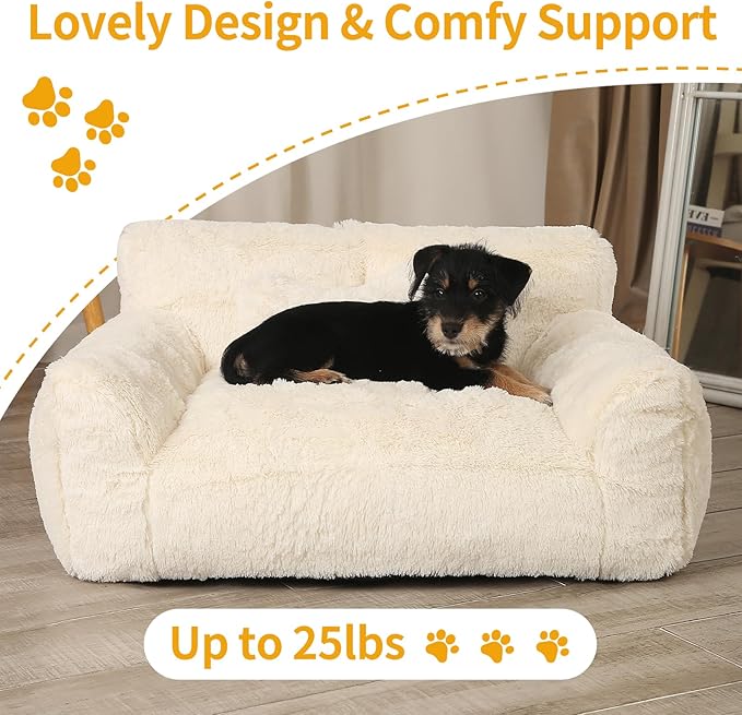 Fluffy Cat Couch, Small Dog Bed with Bone Shaped Pillow, Anti-Anxiety Pet Bed with Washable Cover, Cream