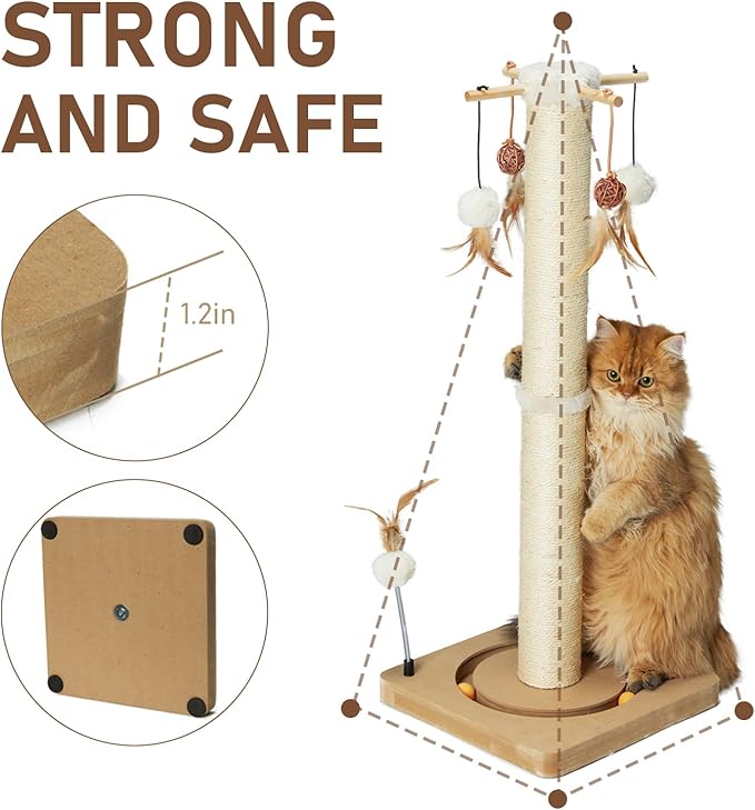 PEEKAB Cat Scratching Post 33 Inches Tall Large Sisal Scratch Posts with Track Ball Toys for Indoor Cats and Kittens,Vertical Scratcher Toy Beige