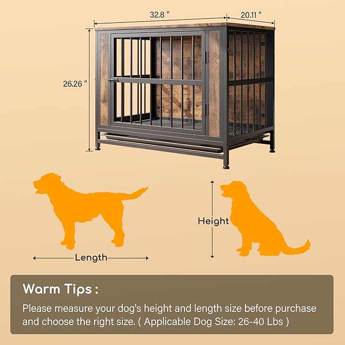 Rustic Medium Dog Cage Furniture, Brown Wooden Dog Crate Kennel Furniture, Decorative Dog House Indoor End Table for Small Medium Dog