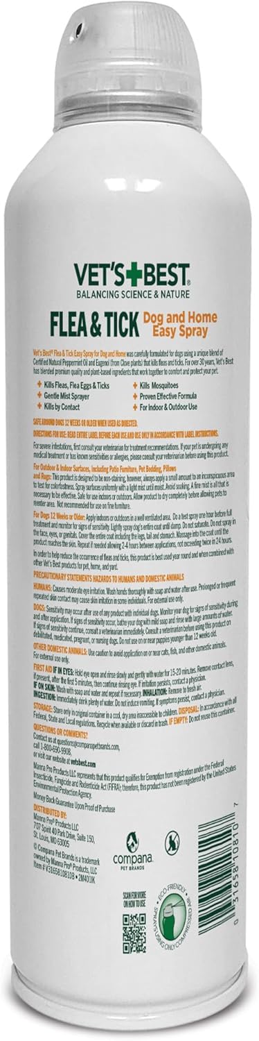 Vet's Best Natural Flea and Tick Home Spray, Dog Flea and Tick Treatment for Home, Plant-Based Flea and Tick Prevention, Dog Flea & Tick Control and Mosquito Repellent, Certified Natural Oils, 14 oz