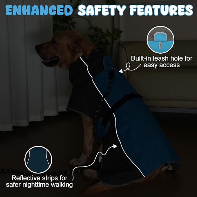Dog Raincoat, Waterproof Dog Coat with Reflective Straps, Leash Hole & Polar Fleece Lining, Winter Snow Rain Coat for Small, Medium & Large Dogs, Warm, Windproof Vest Jackets