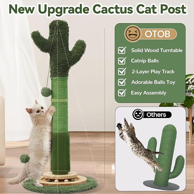 OTOB 36" Tall Cat Scratching Post, Natural Sisal Rope Cactus Cat Scratch Post, Vertical 6-in-1 Interactive Turntable Cat Scratcher Post with Soft Ball Toys, Protect Your Furniture for All Indoor Cats