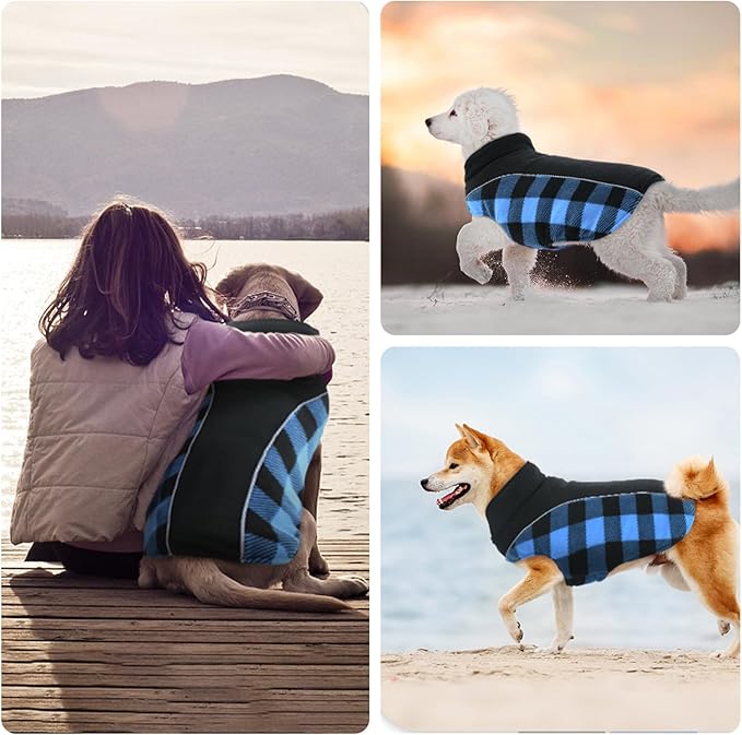 Kuoser Dog Winter Coat, Reversible Waterproof Dog Jacket with Reflective Strip, Warm Dogs Fleece Vest Adjustable Doggy Cold Weather Clothes Plaid Christmas Outfit Pet Apparel for Small Dogs, Blue S