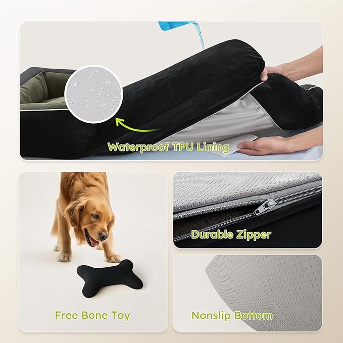 Jumbo Dog Bed for Extra Large Dogs, Orthopedic Dog Bed with Cooling Gel Memory Foam, Waterproof Pet Bed with Removable Washable Cover, 45" Pet Sofa Couch Dutch Velvet with Bone Toy, Black
