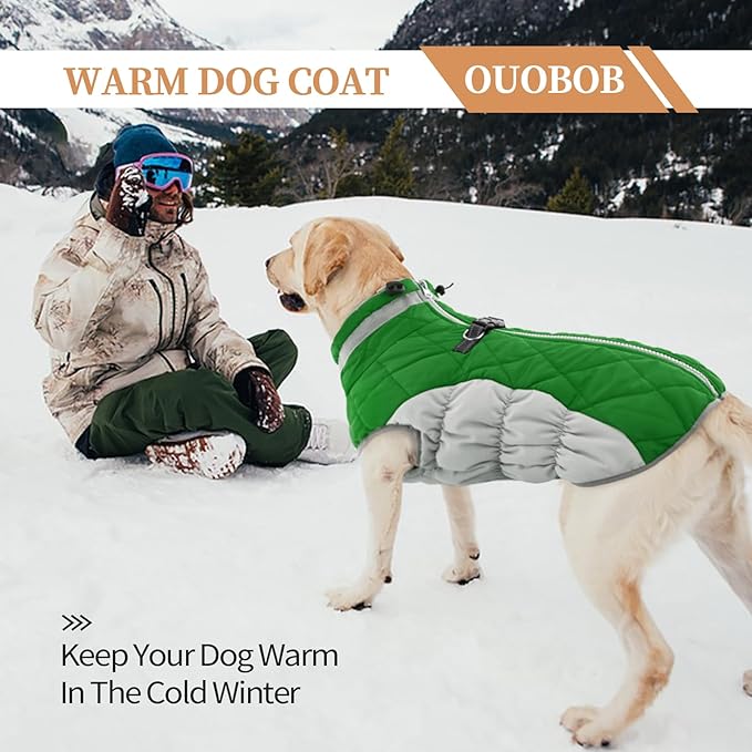 Winter Dog Coat,Large Dog Jacket,Waterproof Pet Jacket with Back Zipper,Pet Coat with Harness Built in,Warm Dogs Coat with Fleece Lined, Snow Jacket Clothes French Bulldog Shiba Inu,Green,L