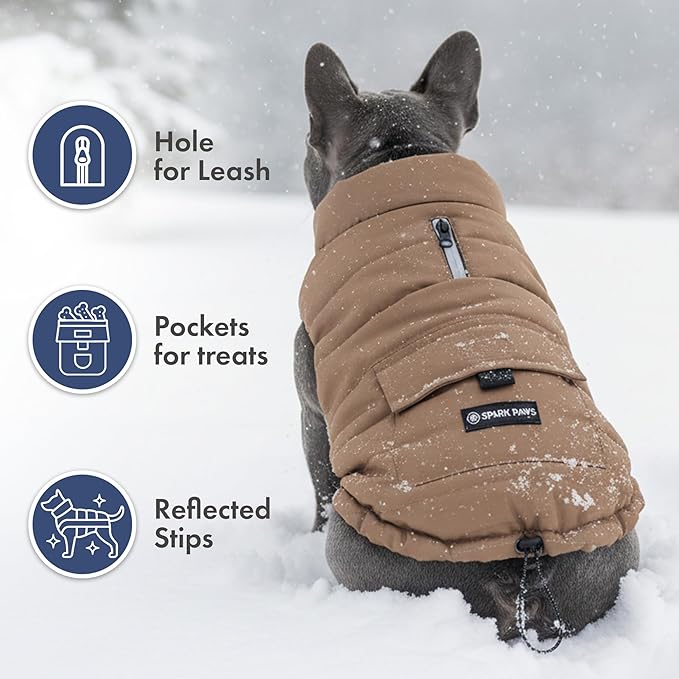 Spark Paws Dog Winter Jacket, Water-Resistant Coat, Warm Reflective Windproof Fleece-Interior, for Medium and Large Dogs - Tan - S