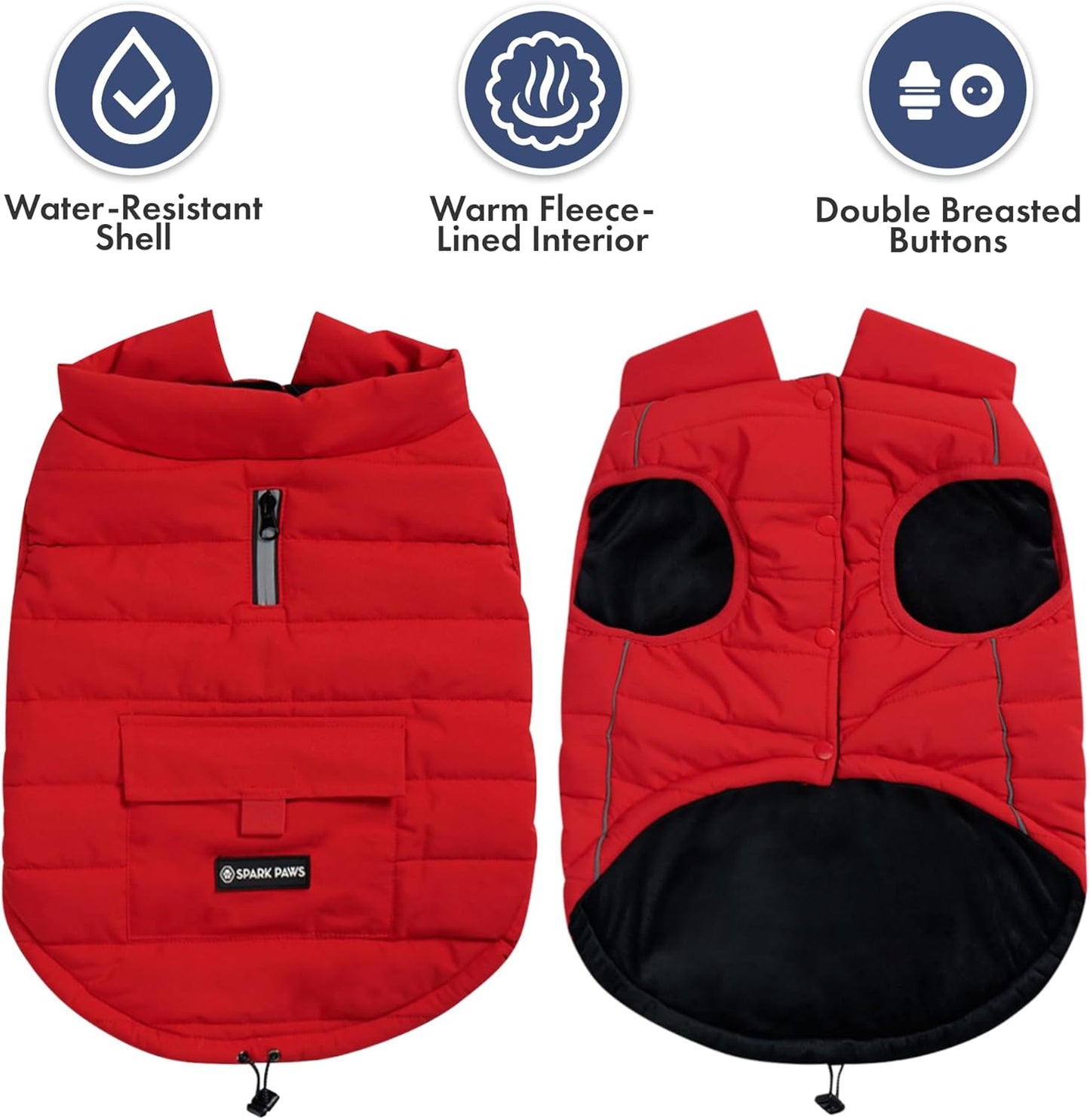 Spark Paws Dog Winter Jacket, Water-Resistant Coat, Warm Reflective Windproof Fleece-Interior, for Medium and Large Dogs - Red - 3XL