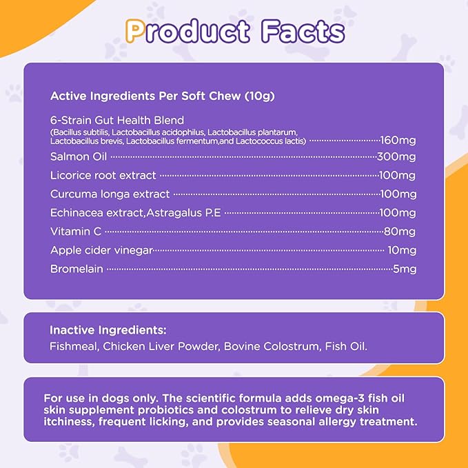 Allergy Relief Chews for Dogs - Omega 3 Skin & Coat Supplement with Colostrum & Probiotics - Itch Relief for Dogs, Dry Skin, Paw Licking, Seasonal Allergies,Chicken Flavor,100 Large Chews