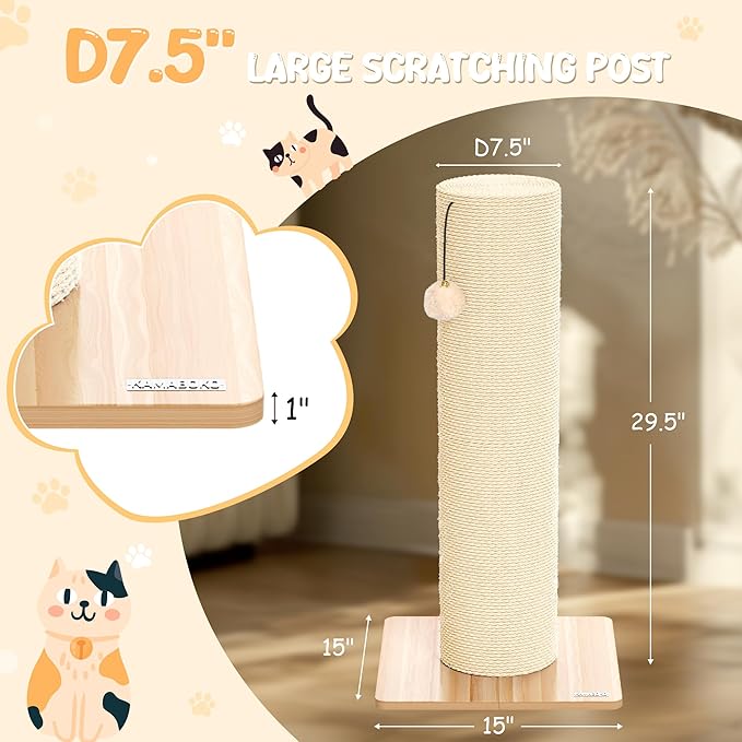 KAMABOKO 29.5" Cat Scratching Post, 7.5" Ultra-Large Diameter Natural Sisal Cat Scratch Post, Scratch-Resistant Tall Cat Scratcher for Indoor Cats, Protect Your Furniture, Beige, Pack of 2