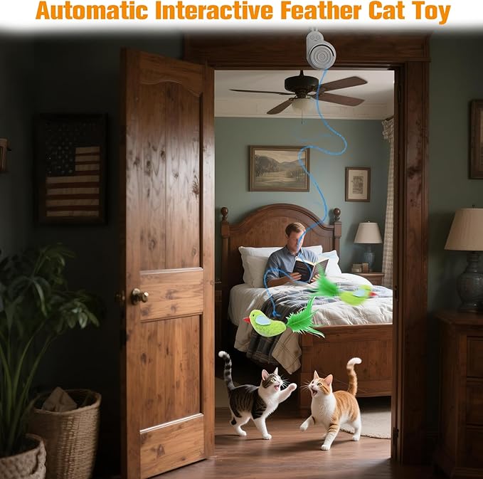 Interactive Cat Toys for Indoor Cats Automatic Electric Flying Bird Feather Cat Toy - Best Kitten & Adult Cat Enrichment Toy Stick-on Hanging Electric Kitty Toys for Bored Cats