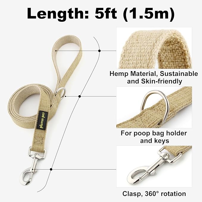 Plutus Pet Cotton Hemp Dog Collar and Leash Set, Adjustable Collar for Small, Medium, and Large Dogs, Heavy Duty and Soft on Skin, Khaki, M