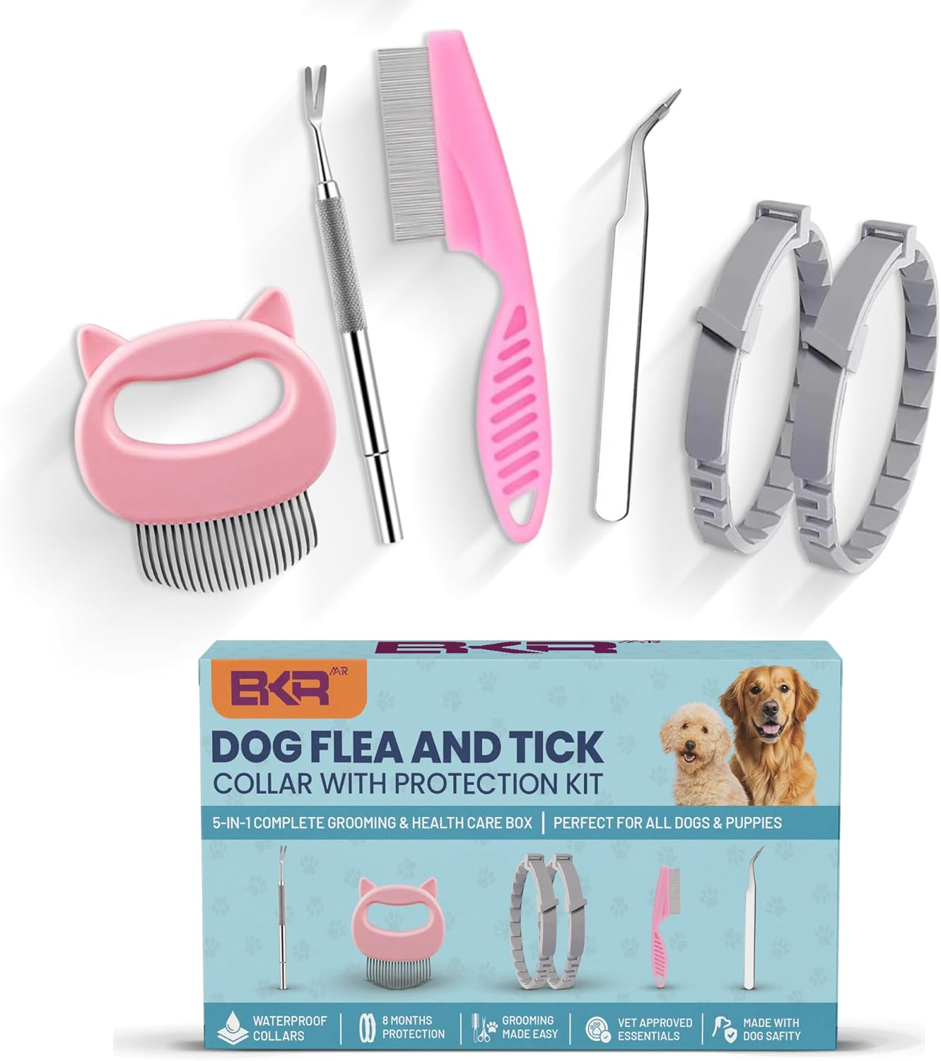 Dog Flea Collar 2 Pack 8-Month Protection, All Natural Flea Collar for Dogs, Includes Flea Comb, Shell Comb, Tick Tweezers & Tick Removal Tool 5-in-1 Dog Flea Protection Kit