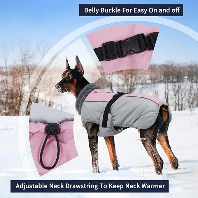 IECOii Dog Coats for Large Dogs Winter Waterproof, XXXL Dog Jacket with Adjustable Buckle,Thick Turtleneck Snow Jacket for Cold Weather, Pet Warm Fleece Vest for Doberman, Pink, 3XL