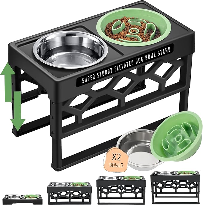 AVERYDAY Small Slow Feeder Dog Bowls Elevated, 4 Height Adjustable Raised Dog Bowl Stand with Stainless Steel Food and Water Bowl, Tall Dogs Feeding Station with Anti-Slip for Small Medium Breeds Dogs