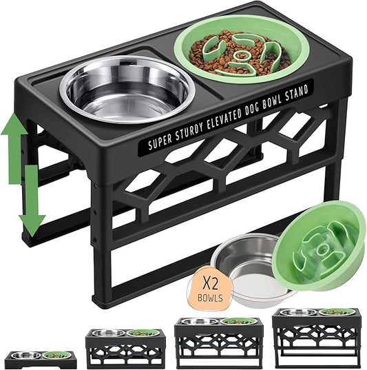 AVERYDAY Small Slow Feeder Dog Bowls Elevated, 4 Height Adjustable Raised Dog Bowl Stand with Stainless Steel Food and Water Bowl, Tall Dogs Feeding Station with Anti-Slip for Small Medium Breeds Dogs