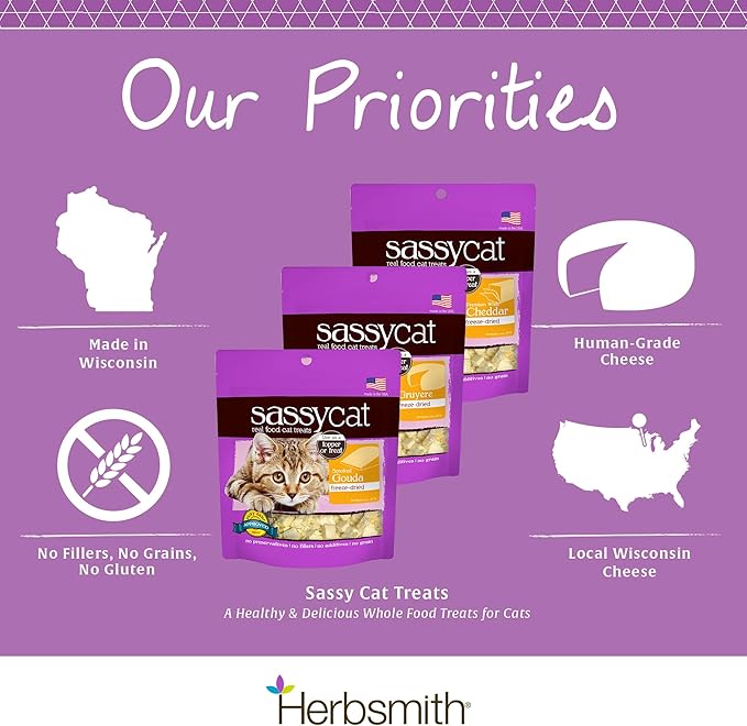 Herbsmith Sassy Cat Treats – Freeze Dried Smoked Gouda – Human-Grade Wisconsin Cheese – Natural Snack for Picky Eaters – 1 Ingredient – USA Made – 4.3 oz