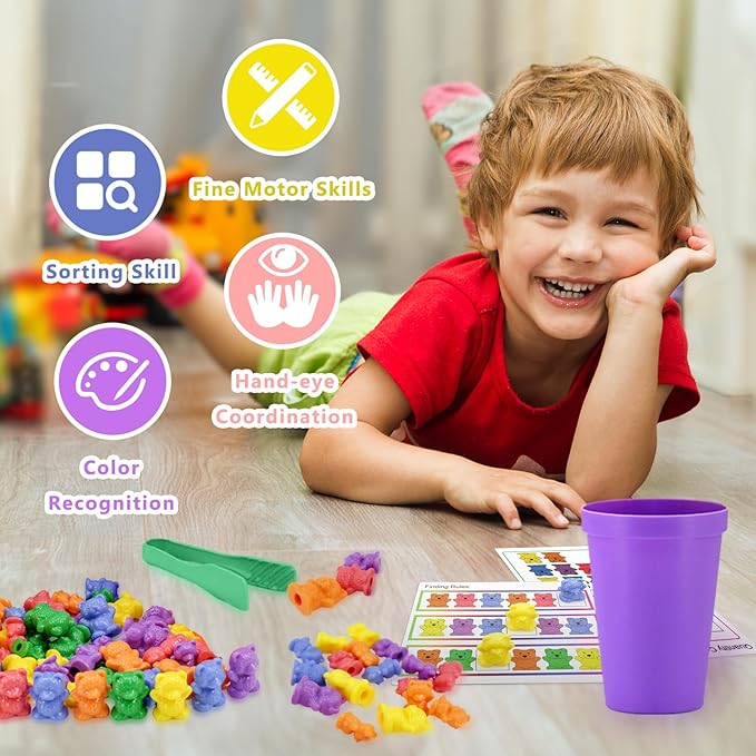 Bmag Counting Bears with Matching Sorting Cups, Preschool Math Learning Game with 24 Big and Little Bears, STEM Educational Learning Activities for Kids Age 3-5