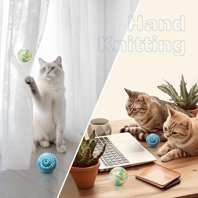 TUSATIY 4PCS Cat Pom Pom Balls,Hand Knitted Rainbow Toys Balls with Bells,Colorful Cat Chew Toys for Indoor Kittens