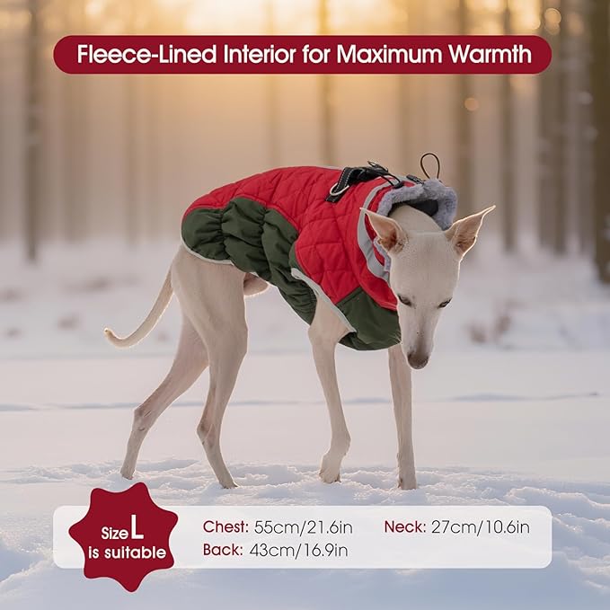 FUAMEY Dog Coat for Medium Dogs,Waterproof Dog Winter Jacket with Harness Built in Puppy Cold Weather Coats Reflective Pet Vest with Zipper Warm Fleece Dogs Snowsuit Windproof Christmas M