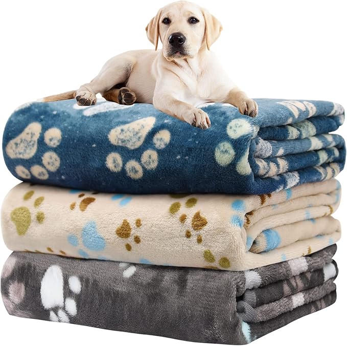 Rezutan 1 Pack 3 Blankets for Dogs, Dog Blanket for Large & Medium Pet Cat, Premium Soft Fluffy Suitable for Dog Kennels & Beds, Sofas, Gifts Puppy Essentials, 41x31inch, Gray/Blue/Beige