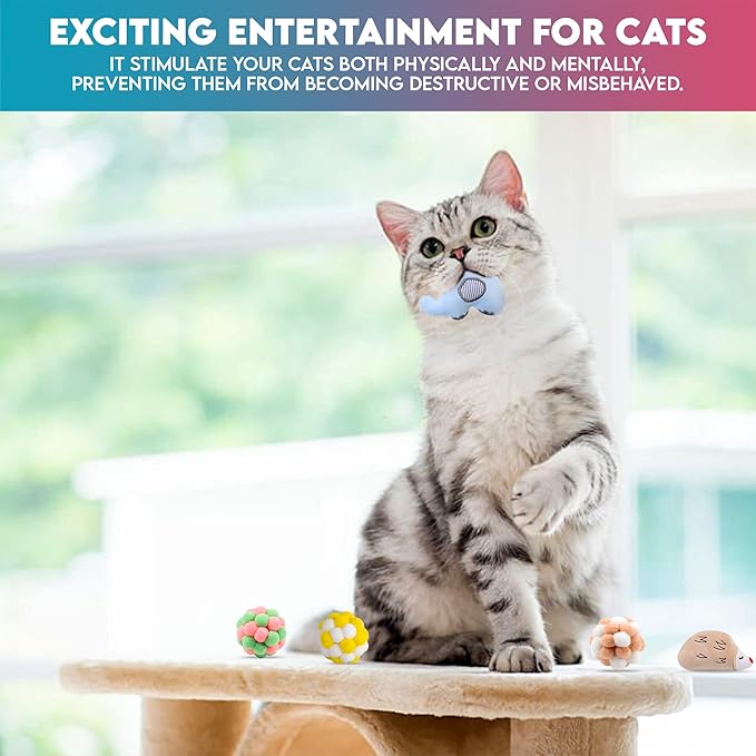 9 Pcs Cat Balls & Catnip Toys Set - Cartoon Fuzzy Balls, Soft & Lightweight - Kittens Chewing, Kicker Toys - Toys for Indoor Cats - Kitten & Cat Accessories - Pack of 9