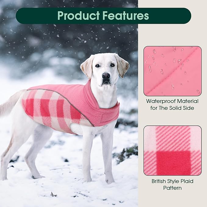 Kuoser Dog Winter Coat, Reversible Waterproof Dog Jacket with Reflective Strip, Warm Dogs Fleece Vest Adjustable Doggy Cold Weather Clothes Plaid Christmas Outfit Pet Apparel for Large Dogs, Pink XL