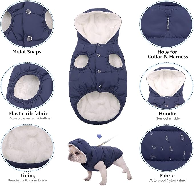 Fleece Hoodie, Windproof Waterproof Coat, Winter Warm Jacket, Cold Weather Pet Apparel Clothes Vest for Small Medium Large Dogs (M, Blue)