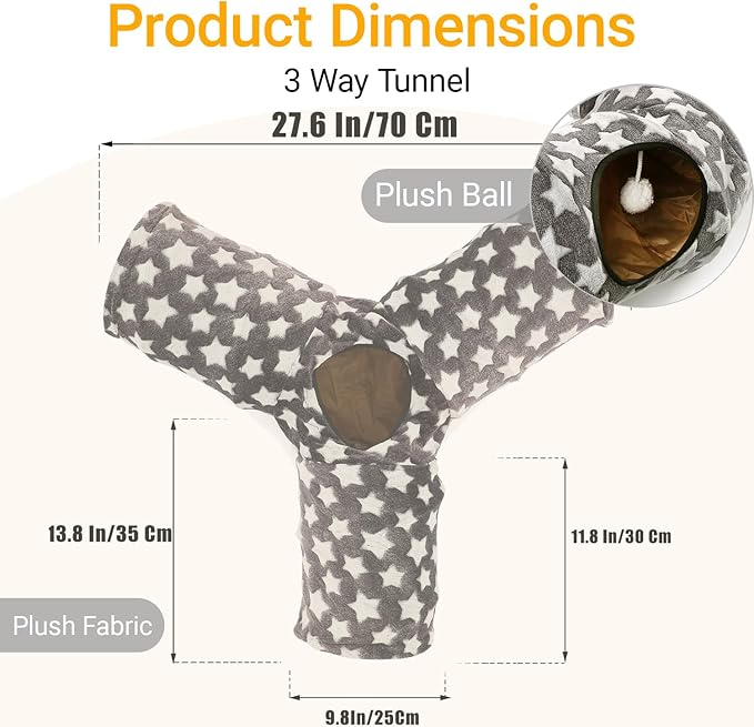 LUCKITTY Cat Tunnel Toy- 3 Way-Shaped, Gray Star Pattern, Soft Velvet Exterior, Oxford Fabric Fog-Proof Interior, Plush Toy Ball, Easily Washable, Conveniently Foldable
