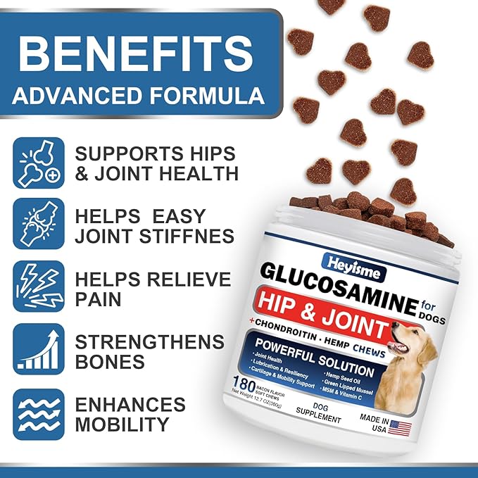Glucosamine for Dogs, 180 Chews Hip and Joint Supplement for Dogs, Glucosamine Chondroitin, MSM Hemp Dog Joint Pain Relief, Dog Joint Supplement Health Mobility Support (180 Chews, Bacon)