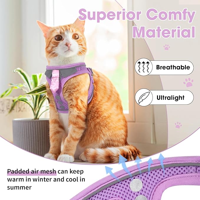 Cat Harness and Leash Set for Walking Escape Proof, Soft Adjustable Kitten Harness Breathable Mesh with Reflective Strips Harness for Kitty Puppy Bunny(Purple,S)