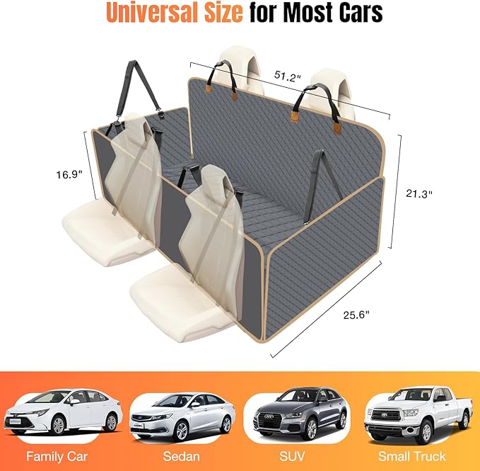 Dog Car Seat Cover for Back Seat, Gray, Universal Fit, Polyester, Car, Truck, SUV, Van, Automotive Pet Seat Cover Combination