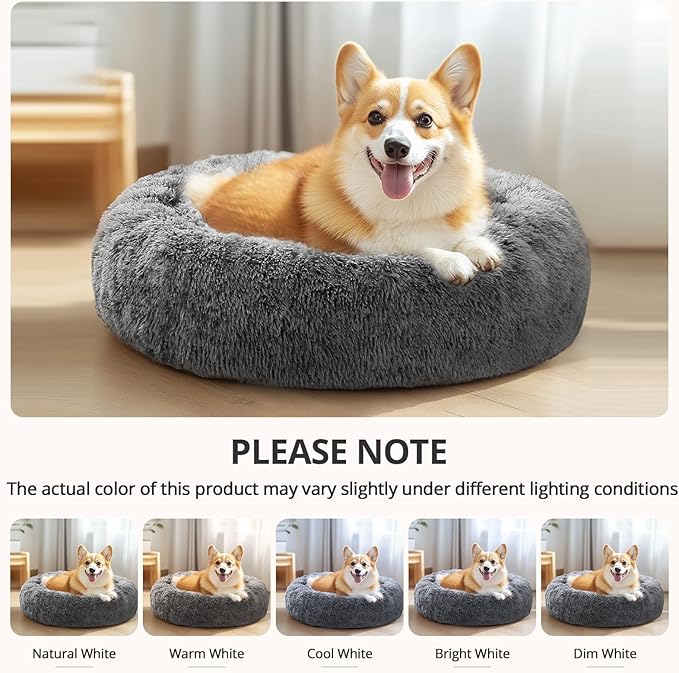 JOLLYVOGUE Medium Calming Dog Bed, Anti-Anxiety Donut Cuddler Cat Bed with Anti-Slip Bottom, Fluffy Faux Fur Machine Washable Pet Cushion for Medium Large Dog & Cat, 31"/Smoke Black