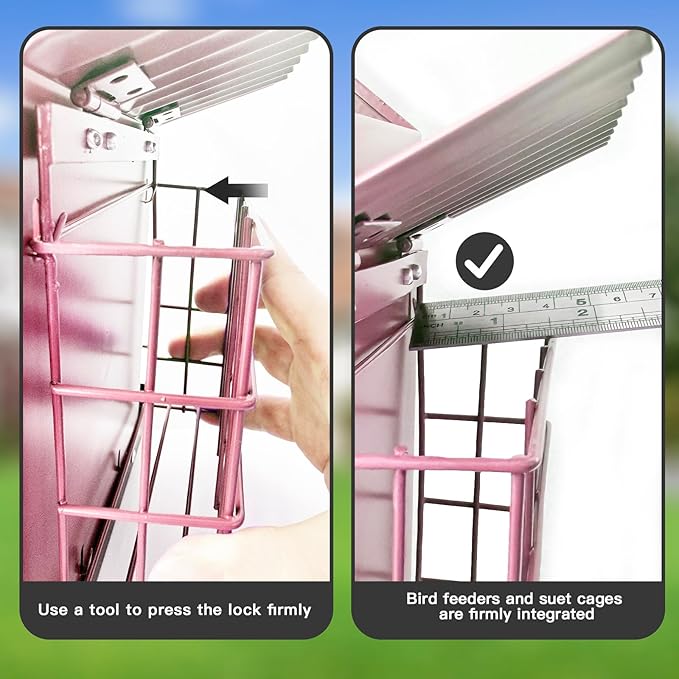 Bird Feeders for Outdoors, Metal Bird Feeder with Double Suet Cage Weatherproof Metal Roof, 2 in 1 Mixed Seeds Suet Feeder, 4Lbs Large Capacity, Great for Finch、Cardinal、Chickadee（Pink）