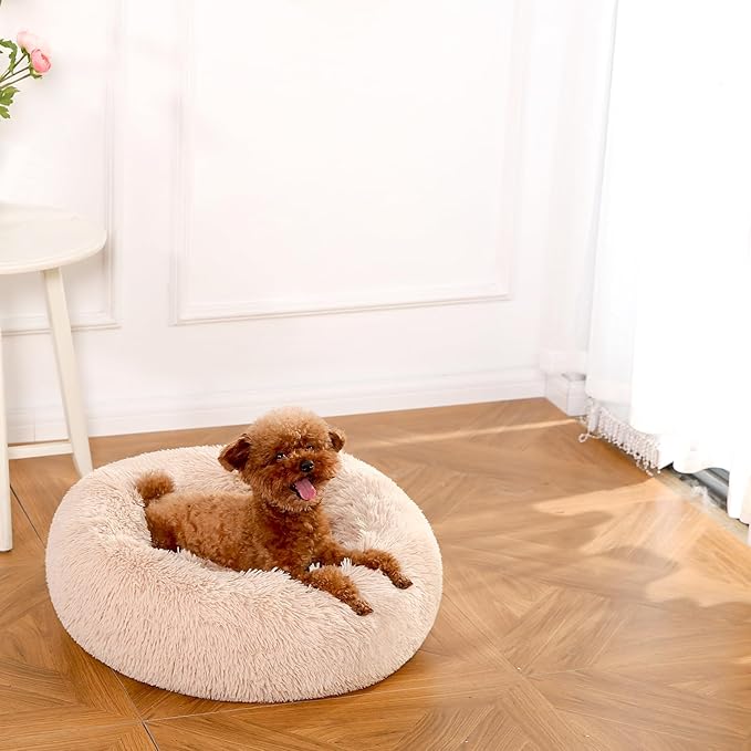 Amazon Basics Donut Pet Bolster Faux Fur Bed for Dog, Beige, 23" x 23"