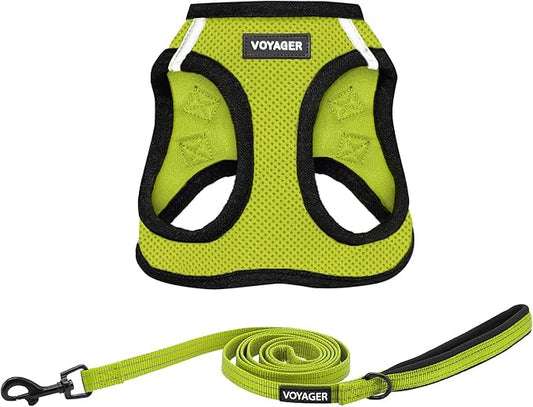 Voyager Step-in Air All Weather Mesh Harness and Reflective Dog 5 ft Leash Combo with Neoprene Handle, for Small, Medium and Large Breed Puppies by Best Pet Supplies - Lime/Black Trim, Small
