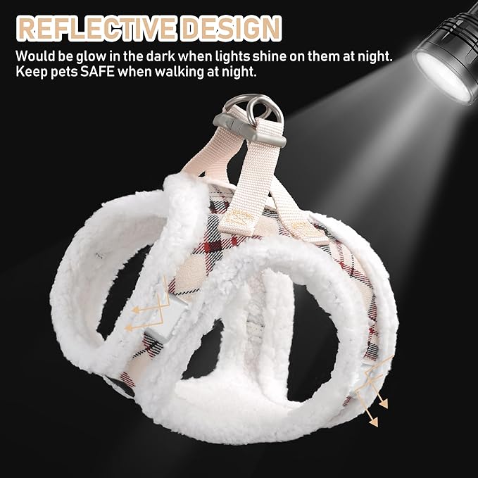 GAMUDA Small Dog Harness Collar and Leash Set, Step in No Chock No Pull Soft Mesh Adjustable Dog Vest Harnesses Plaid Reflective for Dogs Puppy Cats Kitten Rabbit (Warm Beige, L)