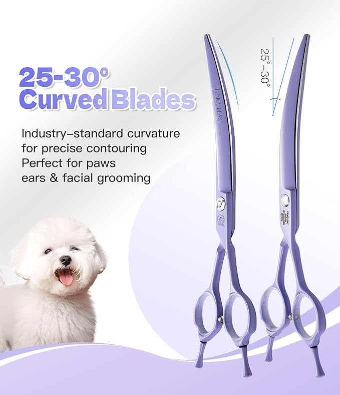 Fenice Peak 7" Professional Dog Grooming Scissors Set, Japanese 440C Stainless Steel Straight Thinning Curved Chunker Shears for Pet Grooming, Trimming Face, Paws, Violet