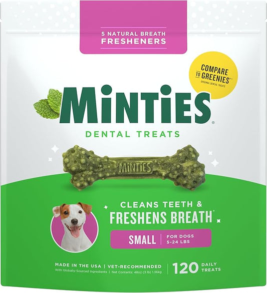 Minties Dental Chews for Dogs, 120 Count, Vet-Recommended Mint-Flavored Treats for Tiny/Small Dogs 5-24 lbs, Dental Bones Clean Teeth, Fight Bad Breath, and Removes Plaque and Tartar