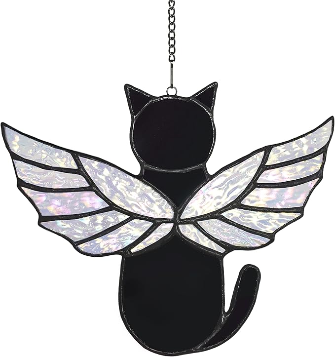 Angel Rainbow Wing Cat Memorial Gifts, Stained Glass Decor for Window Hangings, Orange Black Cat Suncatcher, Loss of Pet Sympathy Gift (Black)