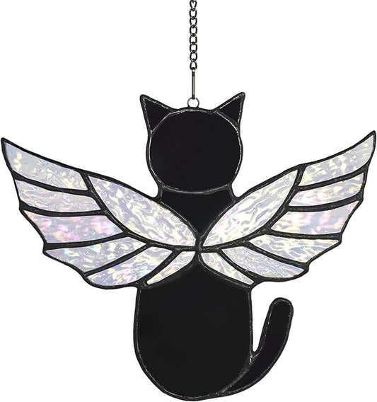 Angel Rainbow Wing Cat Memorial Gifts, Stained Glass Decor for Window Hangings, Orange Black Cat Suncatcher, Loss of Pet Sympathy Gift (Black)