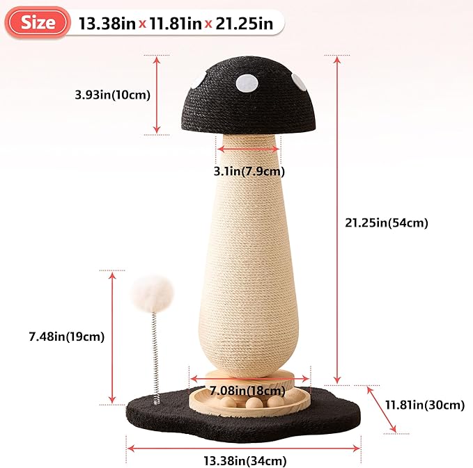 21.5‘’ H Cat Scratching Post with Catnip,Cute Mushroom Cat Scratcher Post with Durable Natural Solid Wood Turntable Toy, Solid Black Mushroom Shape Cat Toy Cat Sisal Scratcher for Indoor Cats