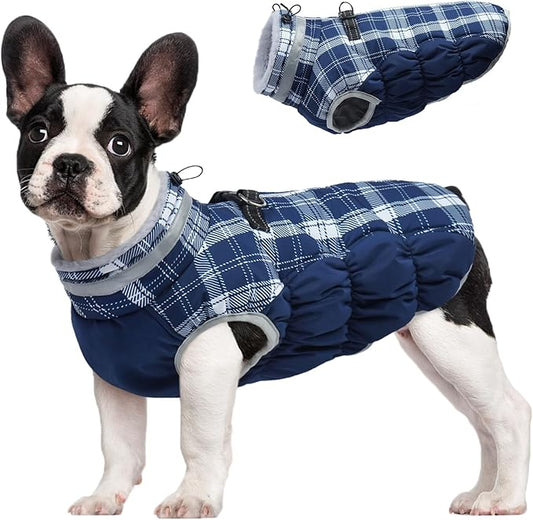 FUAMEY Dog Coat for Small Dogs,Waterproof Dog Winter Jacket with Harness Built in Puppy Cold Weather Coats Reflective Pet Vest with Zipper Warm Fleece Dogs Snowsuit Windproof Blue Plaid XS