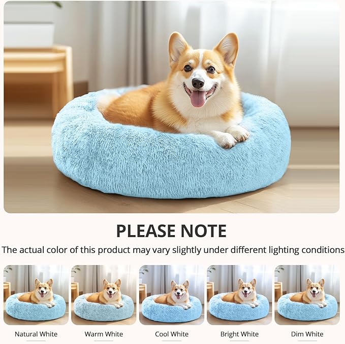 JOLLYVOGUE Calming Dog & Cat Bed for Small Dogs, Anti-Anxiety Donut Cuddler Cozy Soft Round Bed with Anti-Slip Bottom, Fluffy Faux Fur Plush Cushion Beds for Small Medium Pets (23")