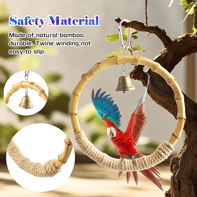 Bamboo Ring Bird Swing Perch,Large Circle Cage Hanging Toys,Bird Perch Climbing Toy Steady Natural Birds Hemp Rope Swings for Budgie,Cockatiels,Conures,Finches,Small Parakeets